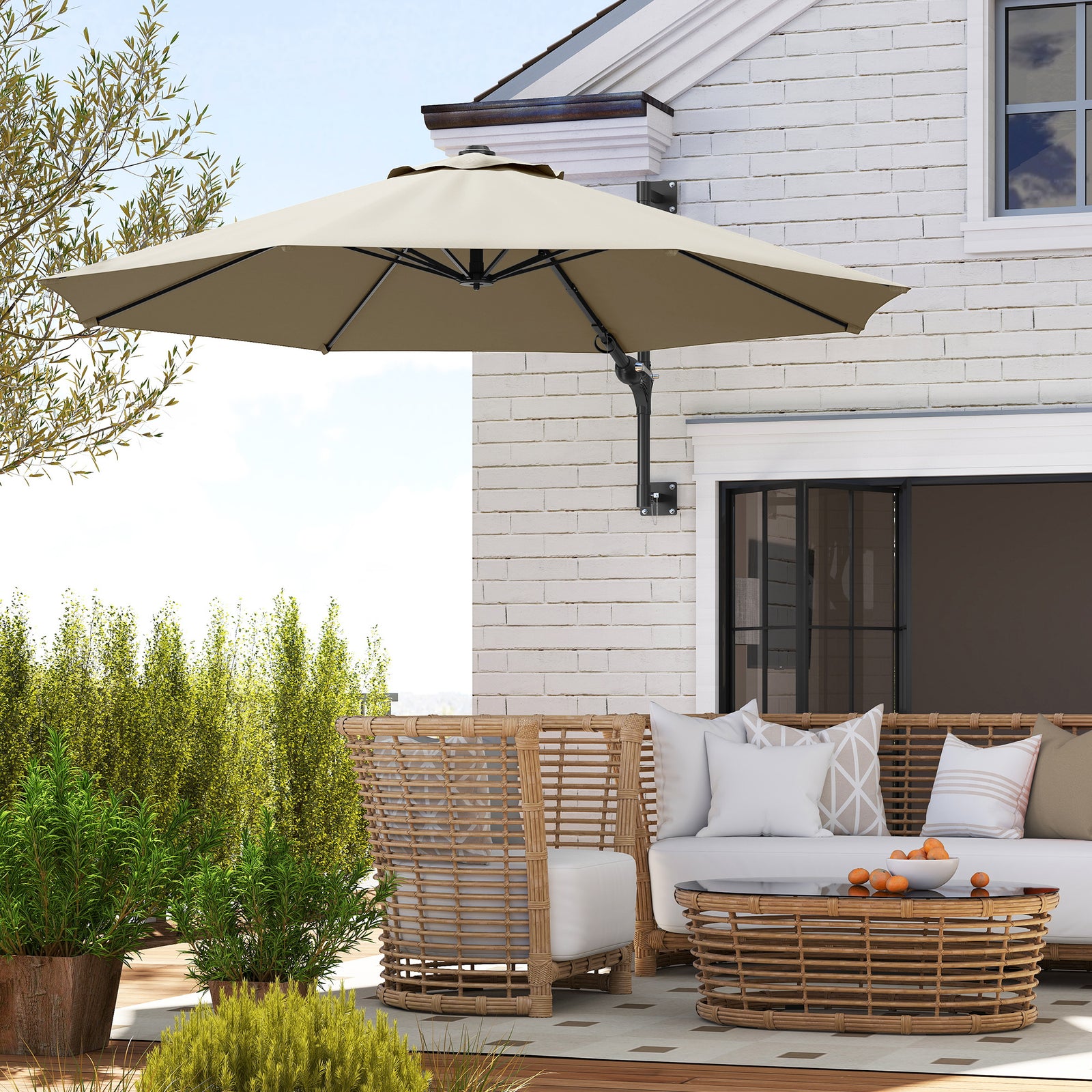 3(m) Wall-Mounted Parasol Shade, with Handle - Khaki