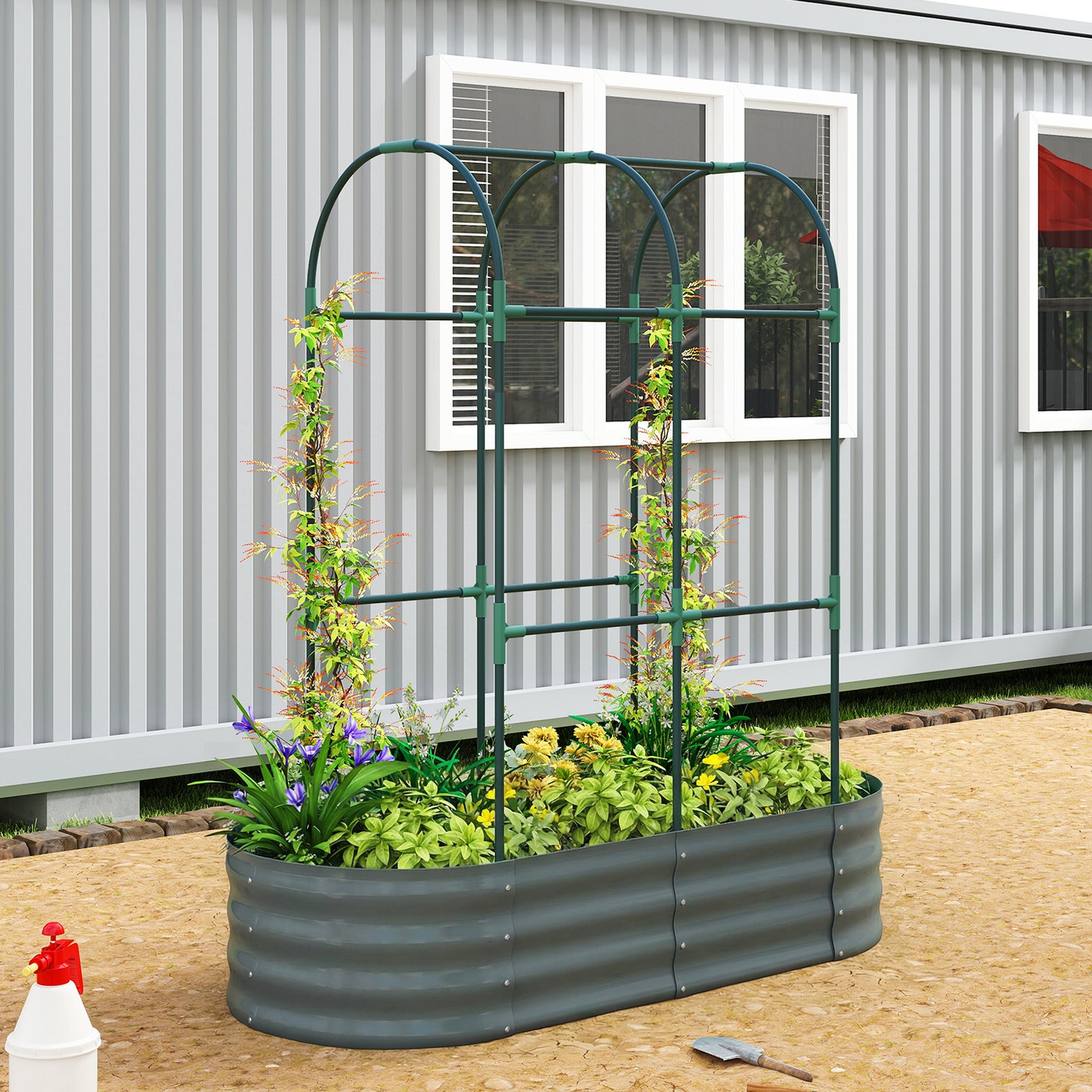 Galvanised Raised Garden Bed with Arched Trellis, 4 x 2 x 4.6ft Metal 