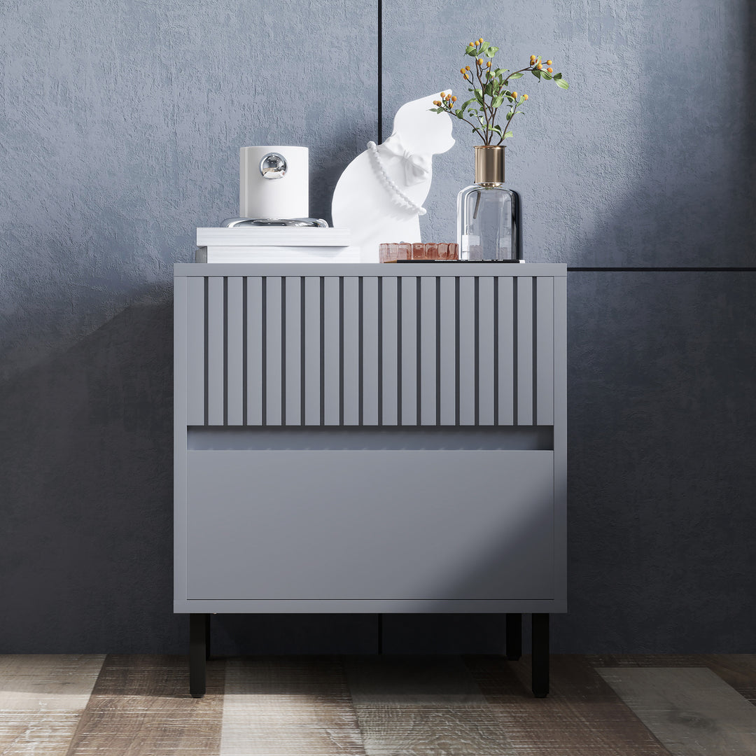 Simple Line Indented Two-Drawer Bedside Table - Grey