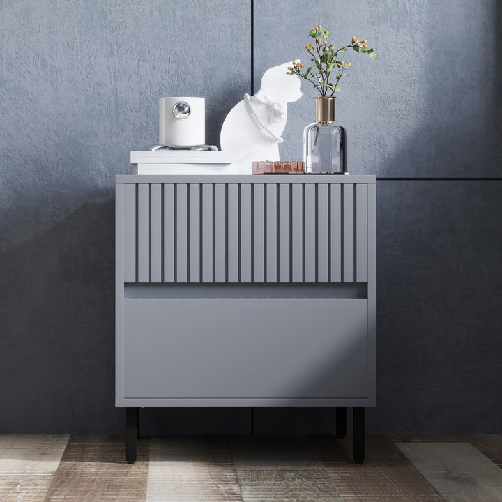 Simple Line Indented Two-Drawer Bedside Table - Grey