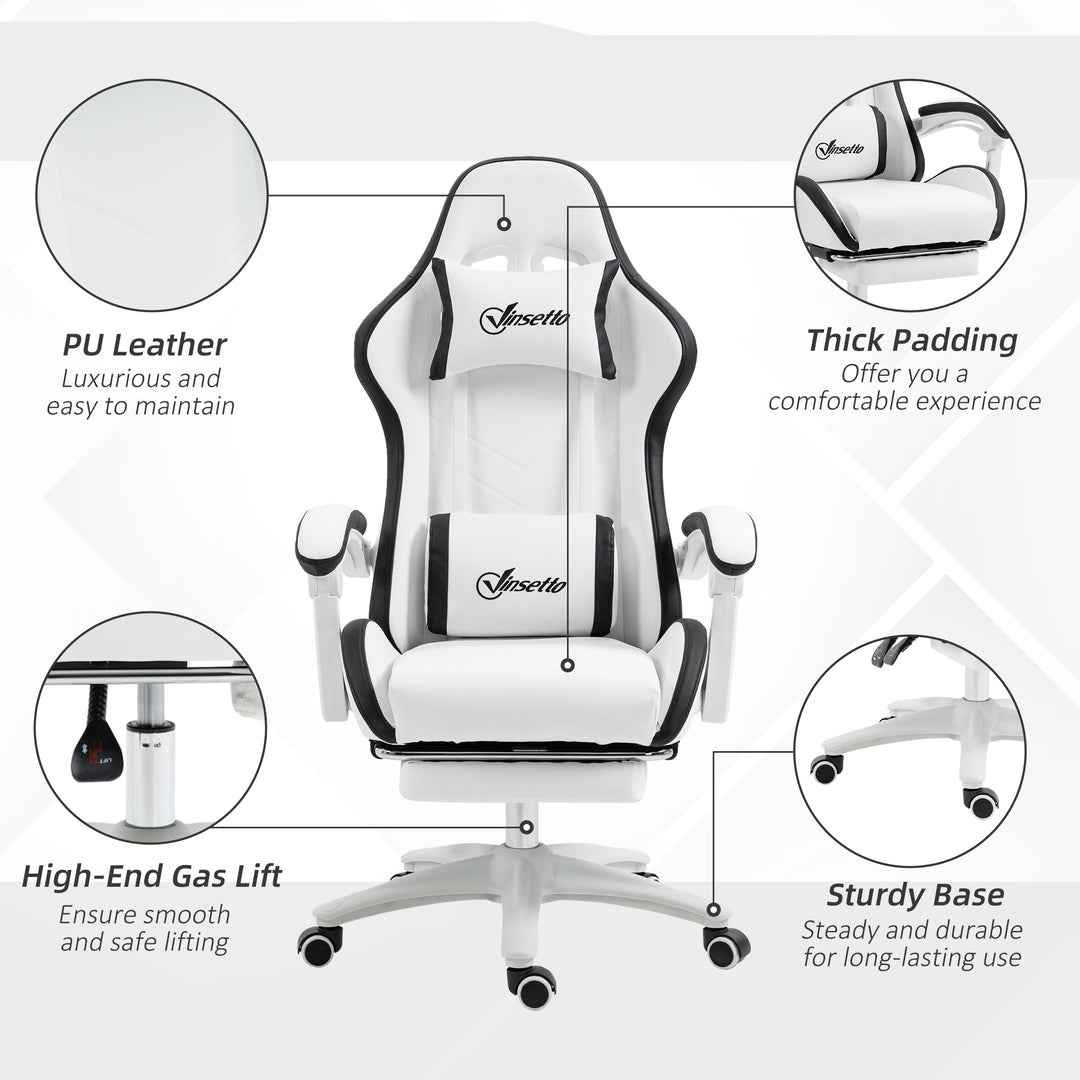 Computer Gaming Chair, PU Leather Office Desk Chair with Footrest, Swivel Wheels, 135° Reclining Back, Lumbar Support, Headrest for Home, White and Black