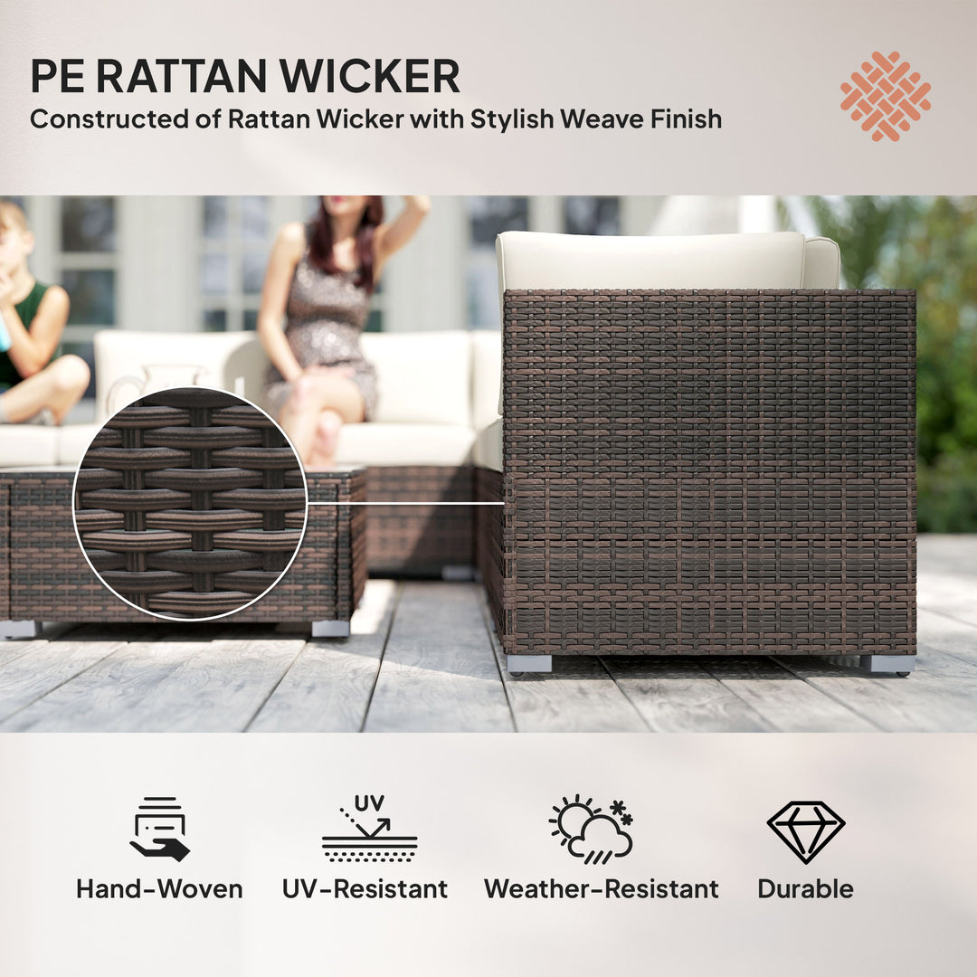 MCL 8 Piece Rattan Corner Sofa Set with Wide & Deep Seat, Assembled Aluminium PE Rattan Garden Furniture Set with Thick Cushions and Glass Top Table for Outdoor, Conservatory, Mixed Brown