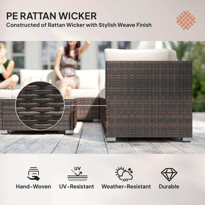 MCL 8 Piece Rattan Corner Sofa Set with Wide & Deep Seat, Assembled Aluminium PE Rattan Garden Furniture Set with Thick Cushions and Glass Top Table for Outdoor, Conservatory, Mixed Brown