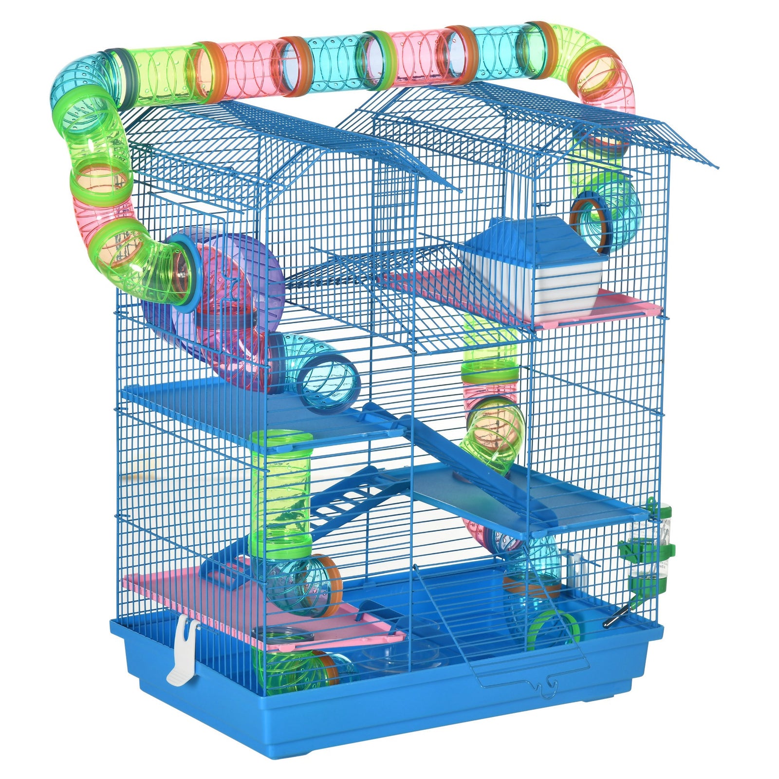 5 Tier Hamster Cage Carrier Habitat with Exercise Wheels Tunnel Tube Water Bottle Dishes House Ladder for Dwarf Mice, Blue