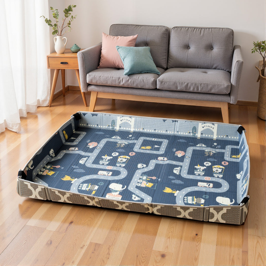 MCL Foldable Baby Play Mat, Baby Playpen, Reversible Foam Playmat, Floor Mats for Toddlers, Traffic and Grey Diamond Theme