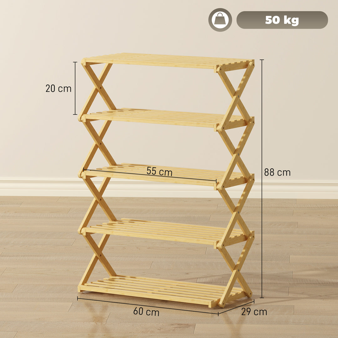 Five-Tier Folding Bamboo Shoe Rack - Natural Finish