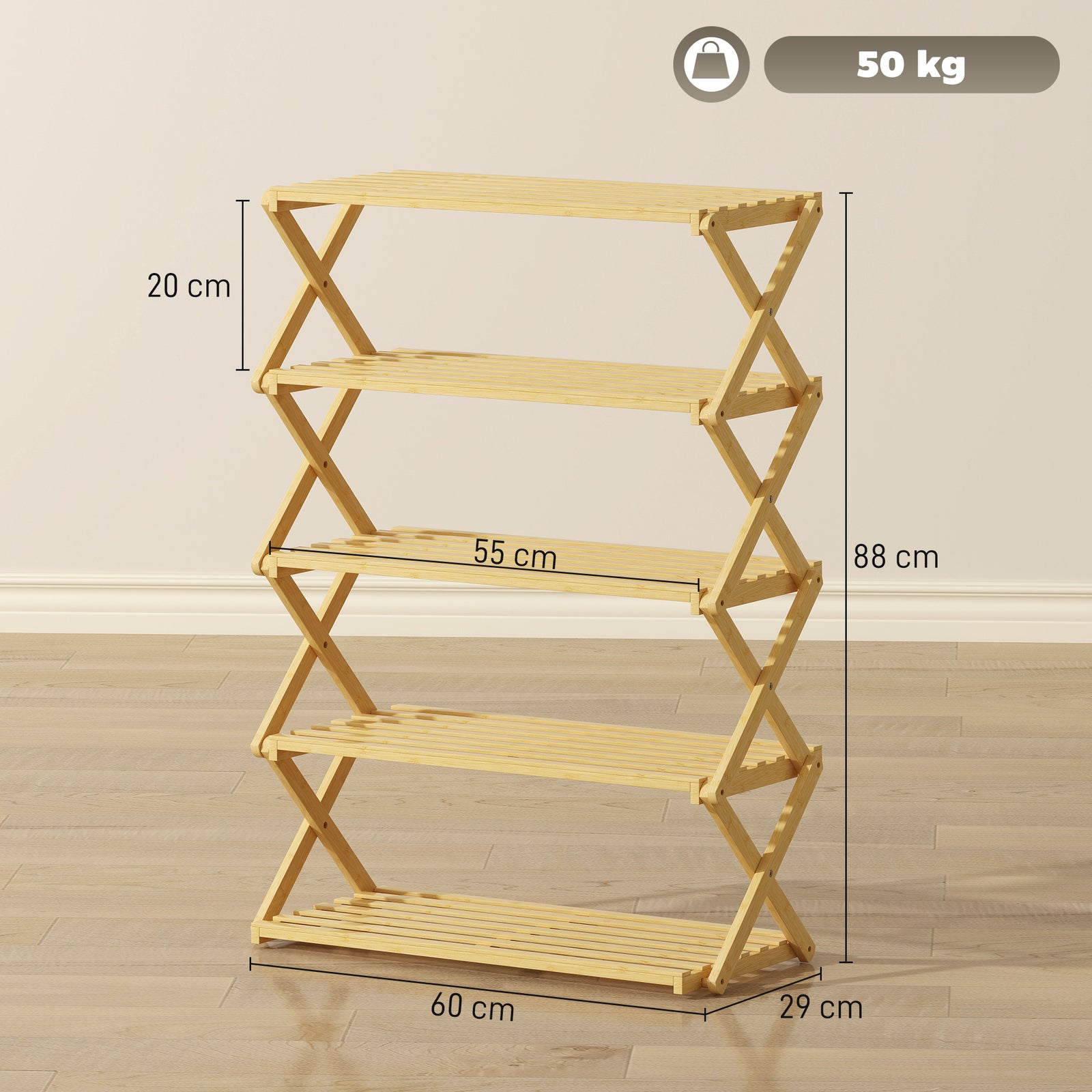 Five-Tier Folding Bamboo Shoe Rack - Natural Finish