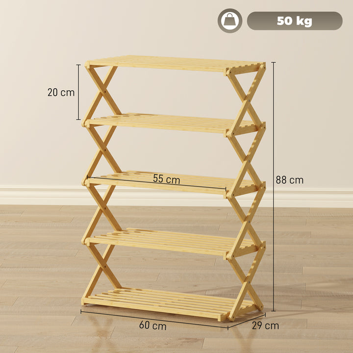 Five-Tier Folding Bamboo Shoe Rack - Natural Finish