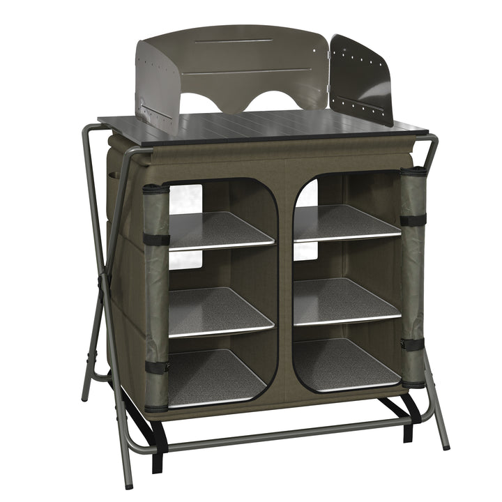 Camping Cupboard Foldable Camping Kitchen Storage Unit w/ Windshield & 6 Shelves for BBQ Party Picnics Backyards with Carrying Bag