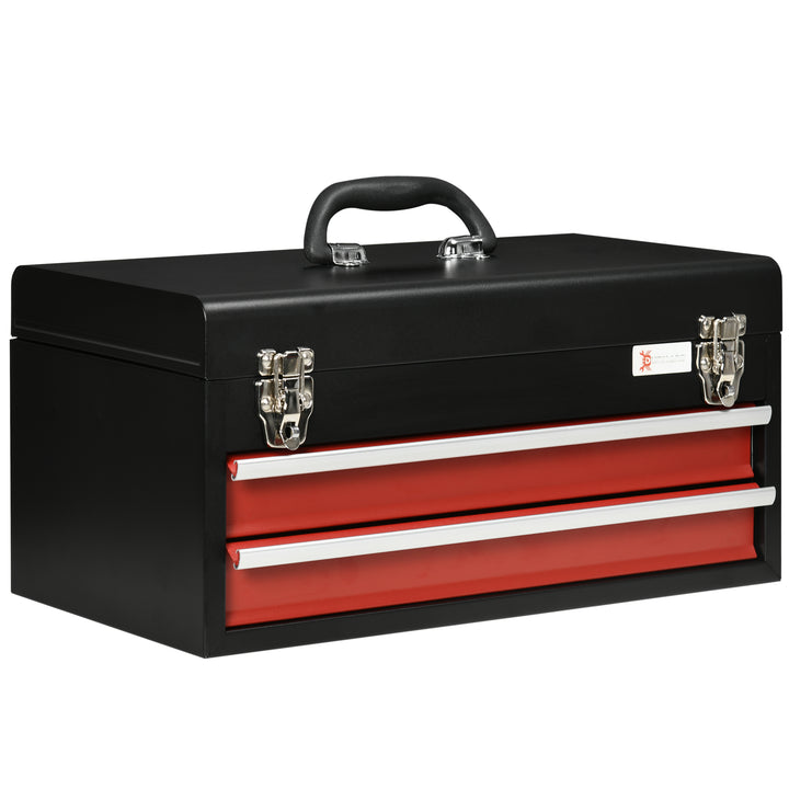 2 Drawer Tool Chest, Lockable Metal Tool Box with Ball Bearing Runners, Portable Toolbox, 460mm x 240mm x 220mm, Black