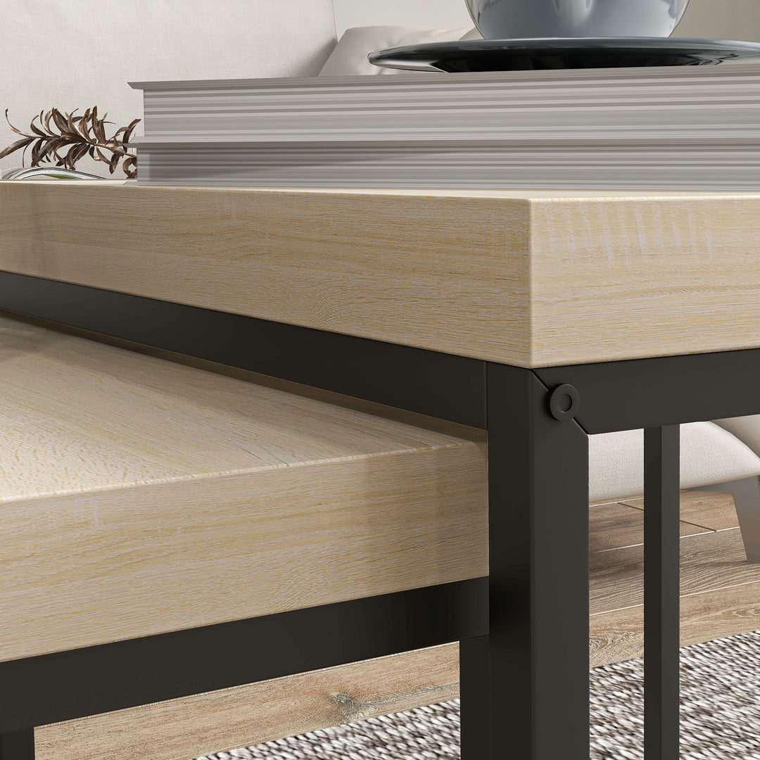 Coffee Table Set of 2, Nest of Tables with 3.5cm Thick Tabletop, Oak