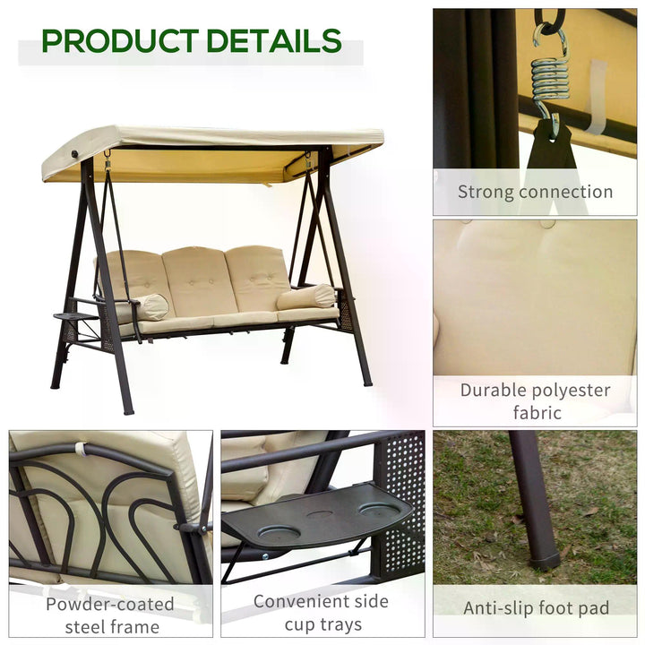 Outsunny Steel Swing Chair Hammock Garden 3 Seater Canopy Cushion Shelter Outdoor Bench Beige