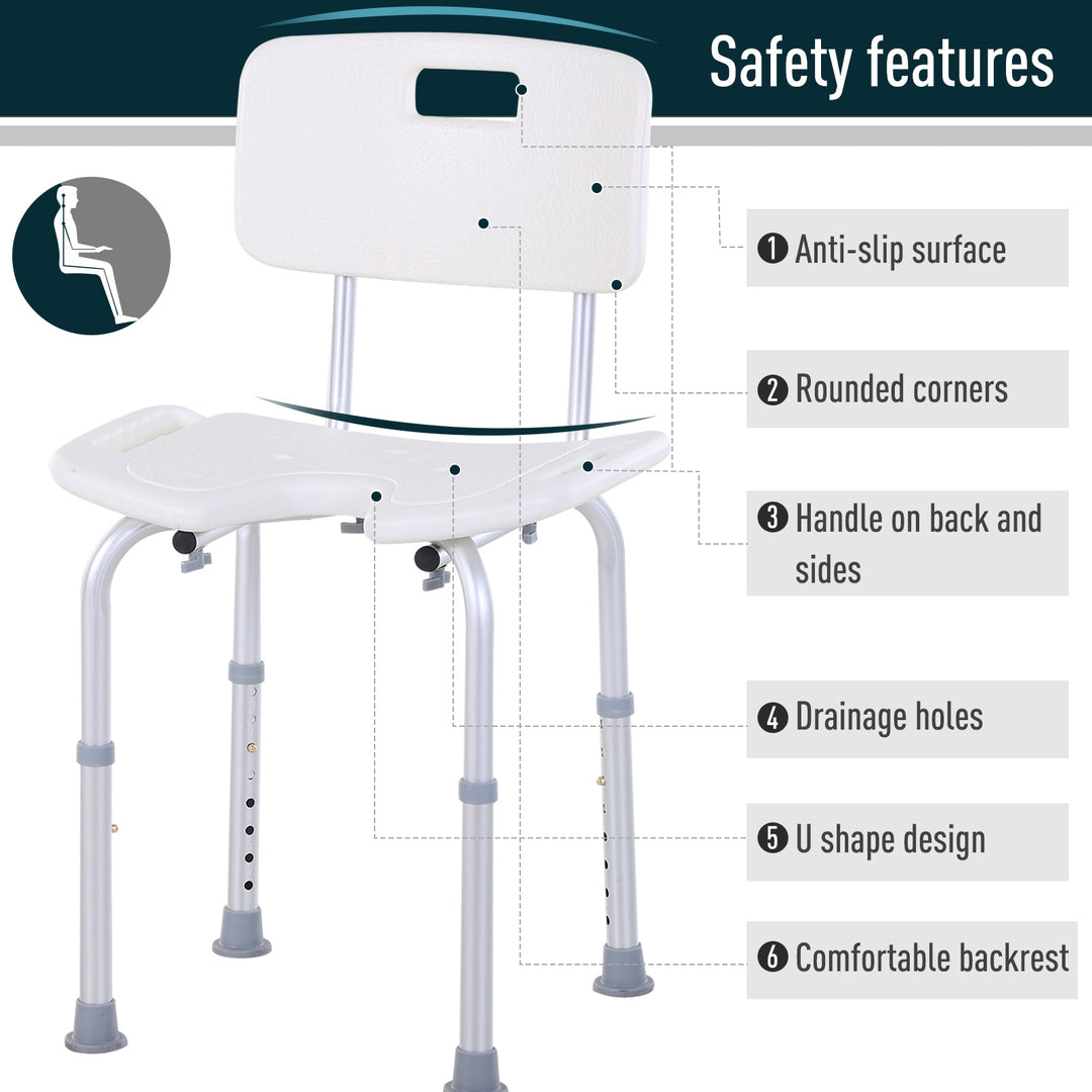 HOMCOM 8-Level Height Adjustable Bath Stool Spa Shower Chair Aluminum w/ Non-Slip Feet and Handle, Load Capacity 136kg | Aosom UK