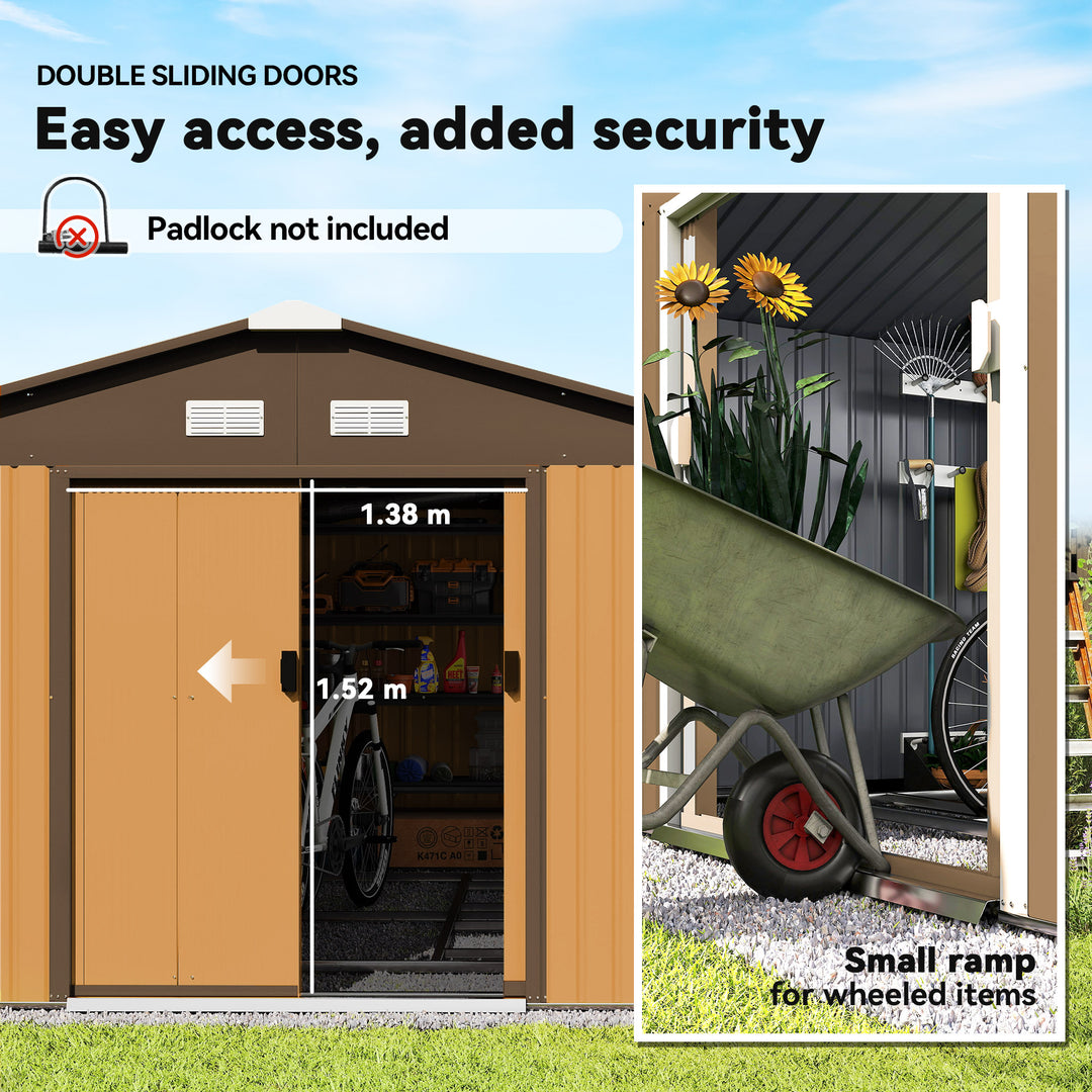 13 x 11ft Metal Garden Shed, Outdoor Storage Tool House with Ventilation Slots, Foundation Kit and Lockable Double Doors, Light Brown
