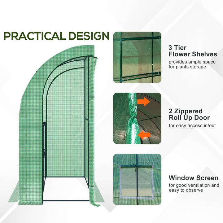 Walk-In Lean to Wall Greenhouse with Windows and Doors, Outdoor Green House with 3 Tiers 4 Wired Shelves, 200L x 100W x 215Hcm, Green
