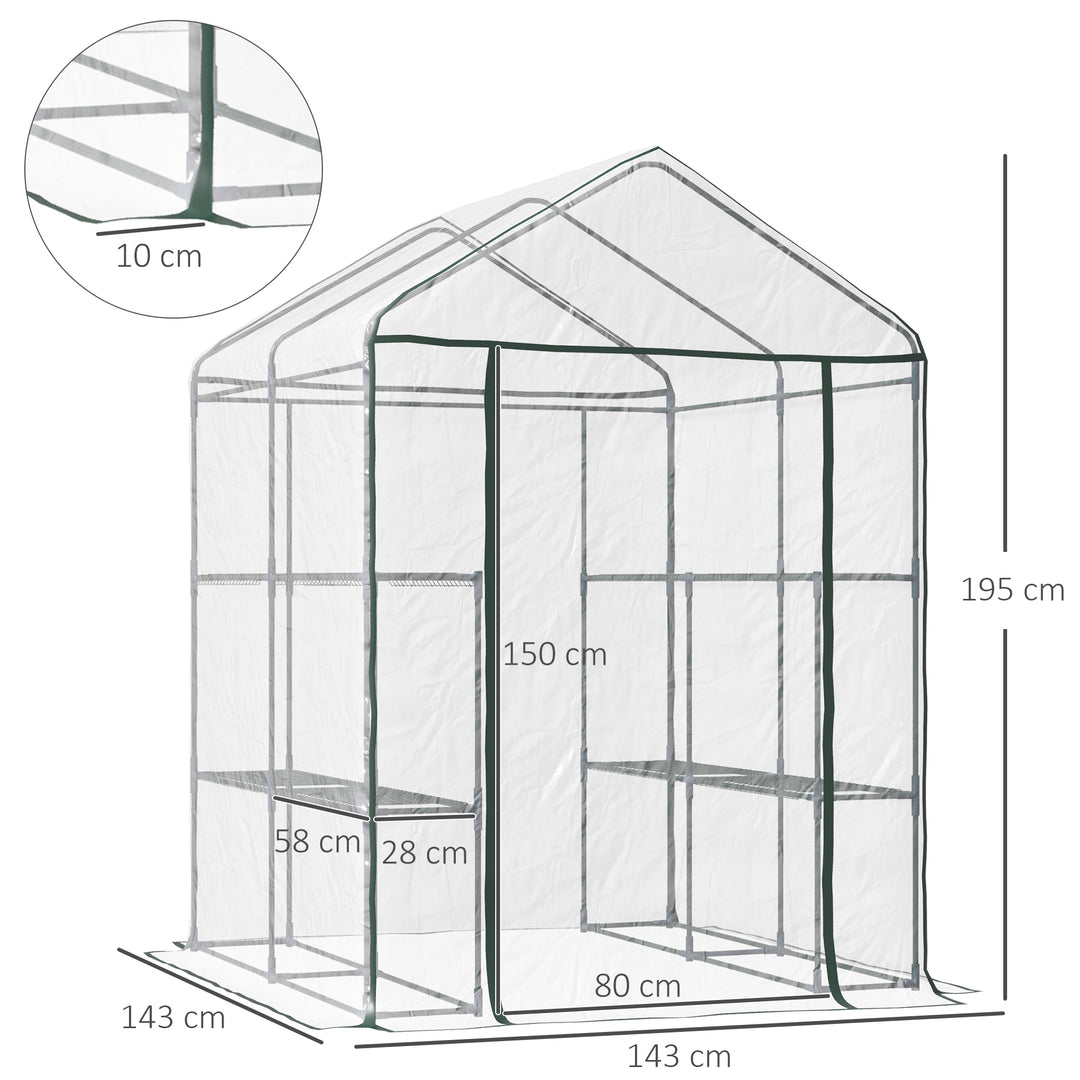 Walk in Greenhouse with 3-Tier 8 Shelves, Green House with Hemmed Cover, Roll-up Zipped Door, Steel Frame, 143 x 143 x 195cm