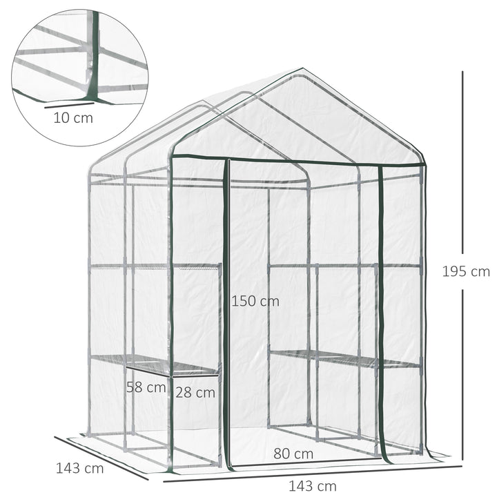 Walk in Greenhouse with 3-Tier 8 Shelves, Green House with Hemmed Cover, Roll-up Zipped Door, Steel Frame, 143 x 143 x 195cm