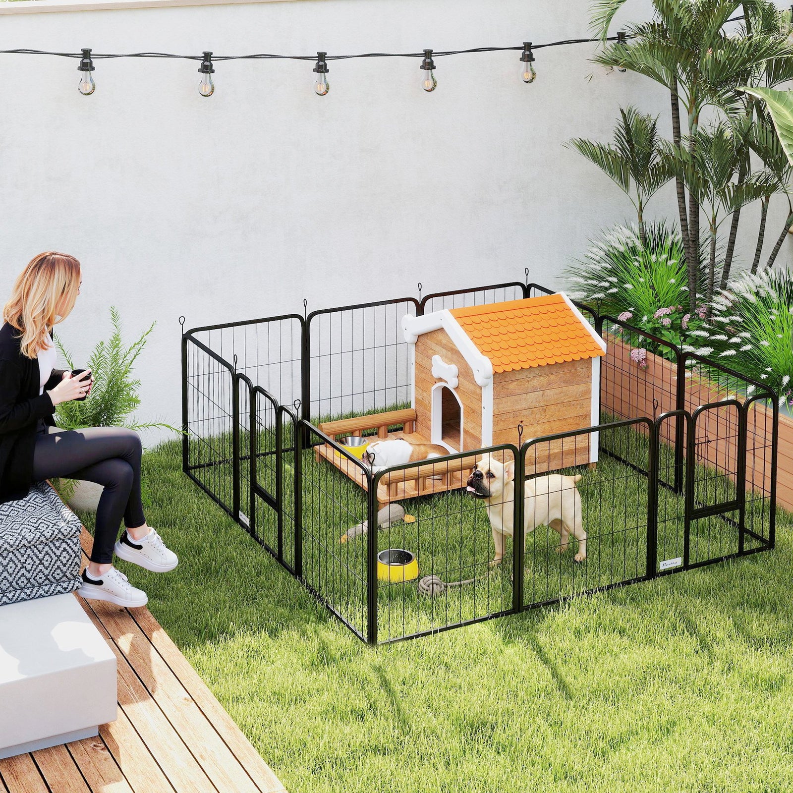 12-Panel Solid Dog Playpen with Doors, for Small Dogs, 60cm High, Black