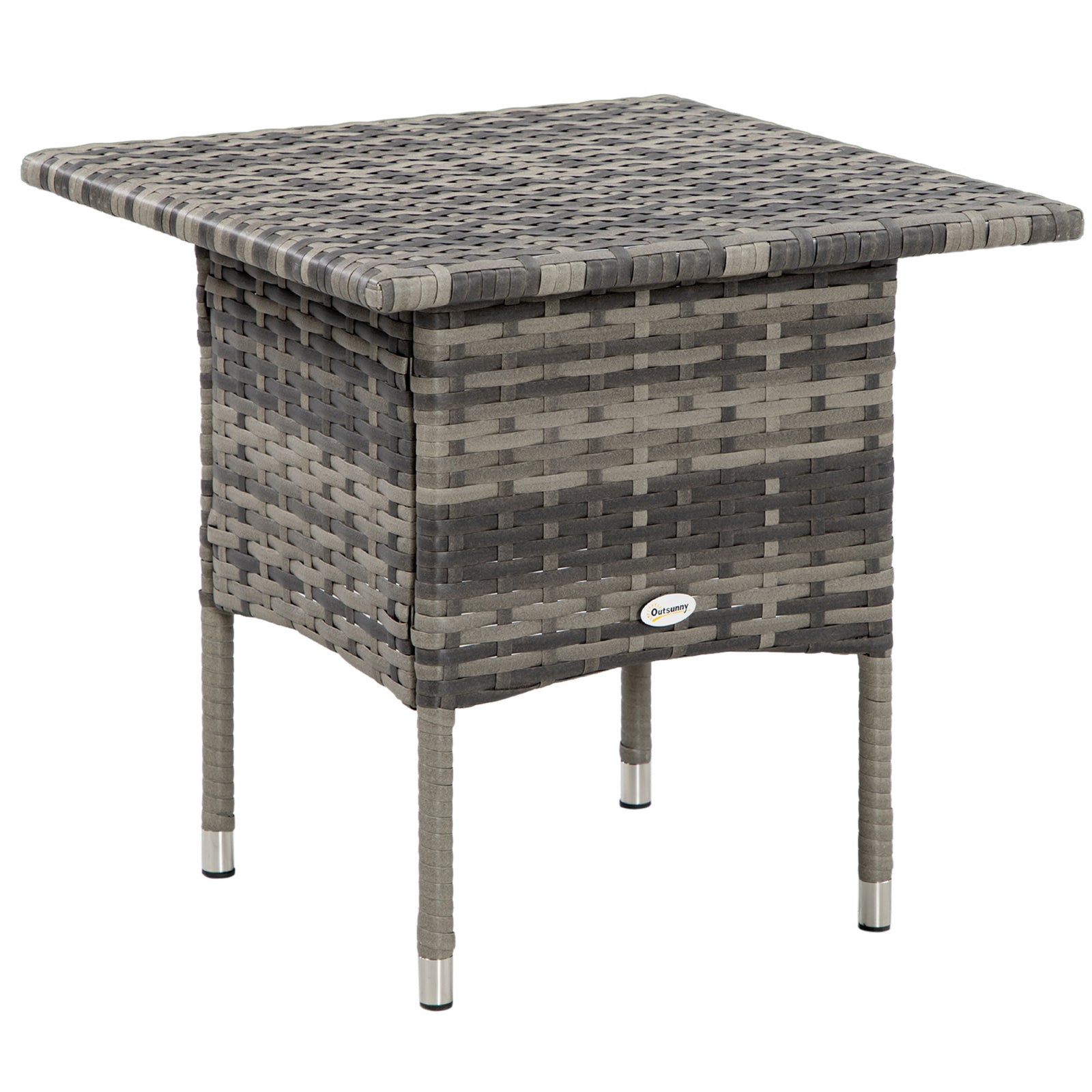 Rattan Side Table, Outdoor Coffee Table with Plastic Board Under the Full Woven Table Top for Patio, Garden, Balcony, Mixed Grey