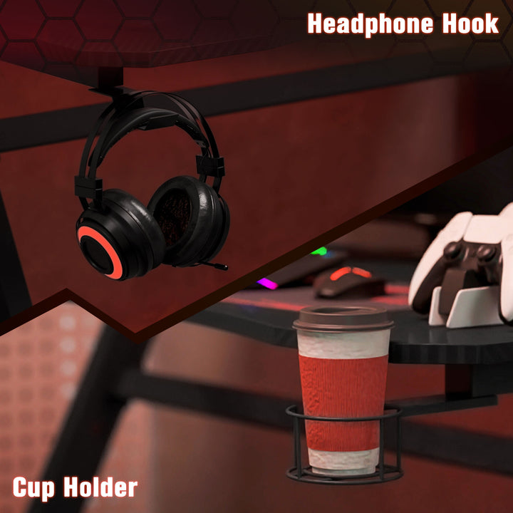 MCL Gaming Desk 120 x 65 cm Steel Frame with Cup Holder, Headphone Hook, Adjustable Feet and Cable Organiser, Home Office Computer Table, Black