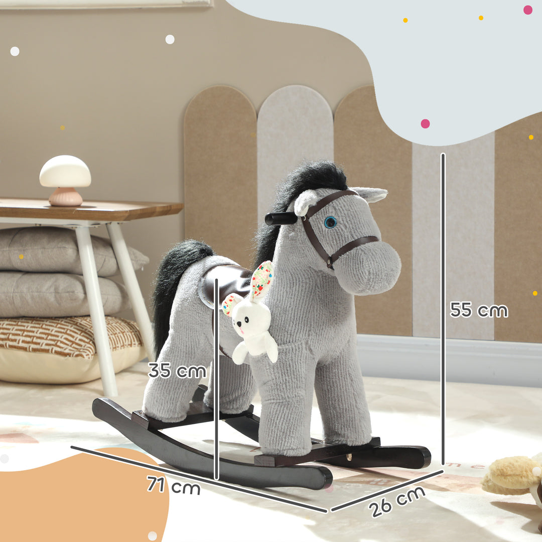 Baby Rocking Horse, Plush Ride on Toy with Handle Grip, Sound and Doll, Toddler Animal Rocker for Kids Aged 2-5