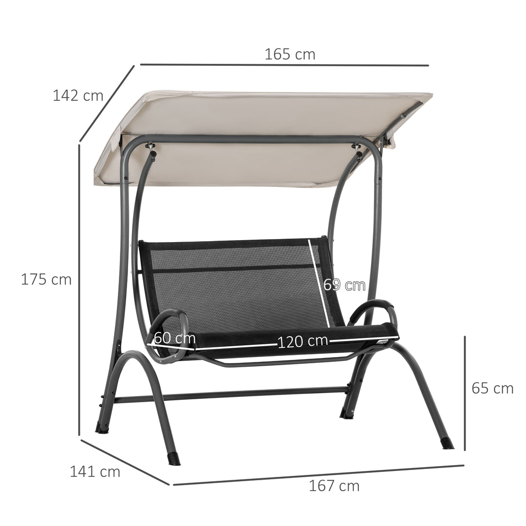 Outsunny 2 Seater Garden Swing Chair Outdoor Hammock Bench w/ Adjustable Tilting Canopy, Texteline Seats and Steel Frame, Beige