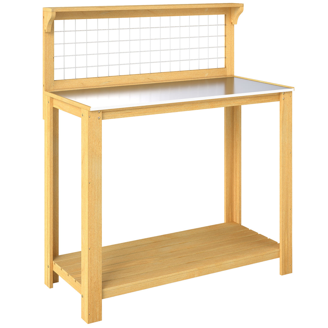 Wooden Potting Bench Table with Aluminium Worktop, Outdoor Garden Work
