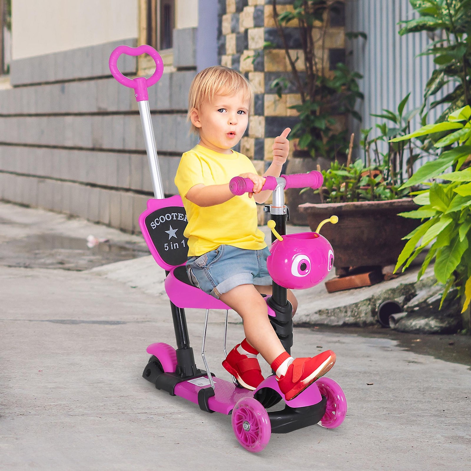 Adjustable Kids Toddler Scooter, with Removable Seat, Back Handle, Pink