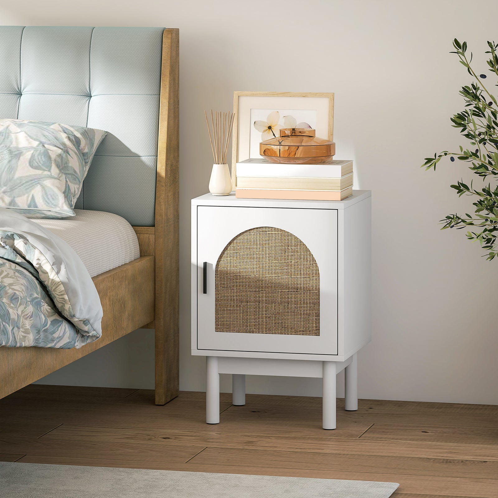 Rattan Bedside Table for Bedroom - White