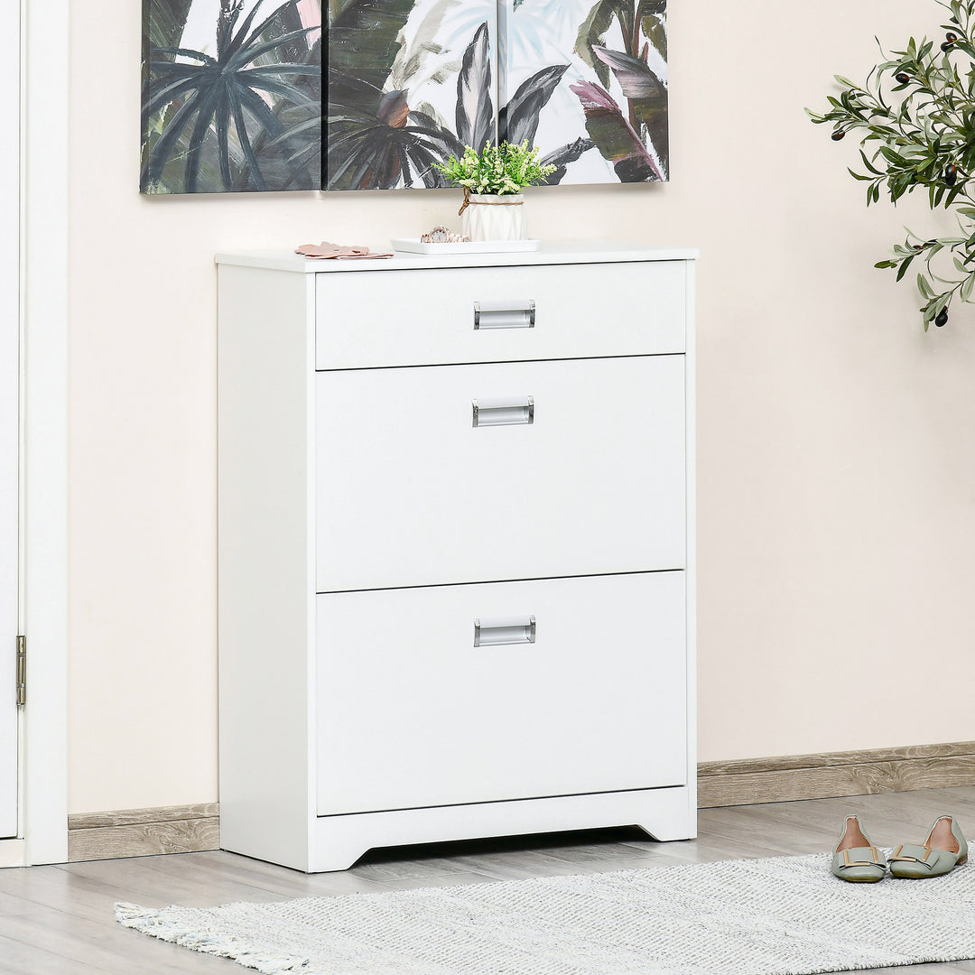 Shoe Cabinet, Slim Shoe Storage Cabinet with Drawer, 2 Flip-up Doors and Adjustable Shelf, Narrow Shoe Cupboard for 16 Pairs of Shoes for Entryway, Hallway, White