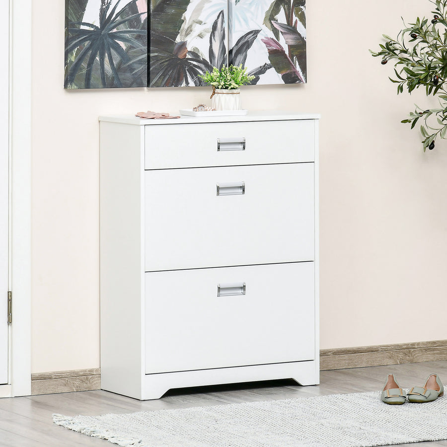 Shoe Cabinet, Slim Shoe Storage Cabinet with Drawer, 2 Flip-up Doors and Adjustable Shelf, Narrow Shoe Cupboard for 16 Pairs of Shoes for Entryway, Hallway, White