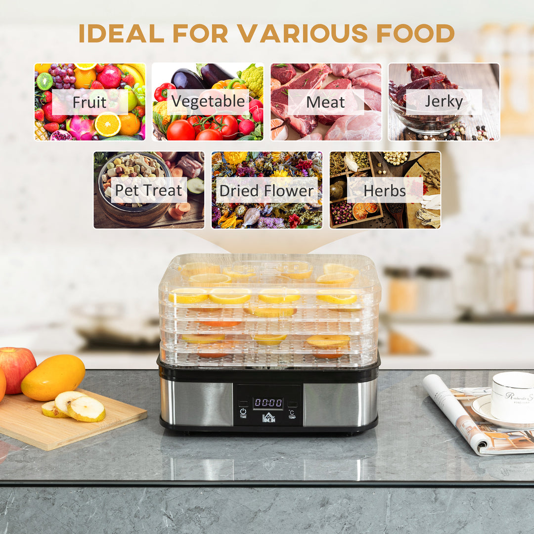 5 Tier Food Dehydrator, 245W Stainless Steel Food Dryer Machine with Adjustable Temperature, Timer and LCD Display for Drying Fruit, Meat, Vegetable, Jerky and Pet Treat, Black