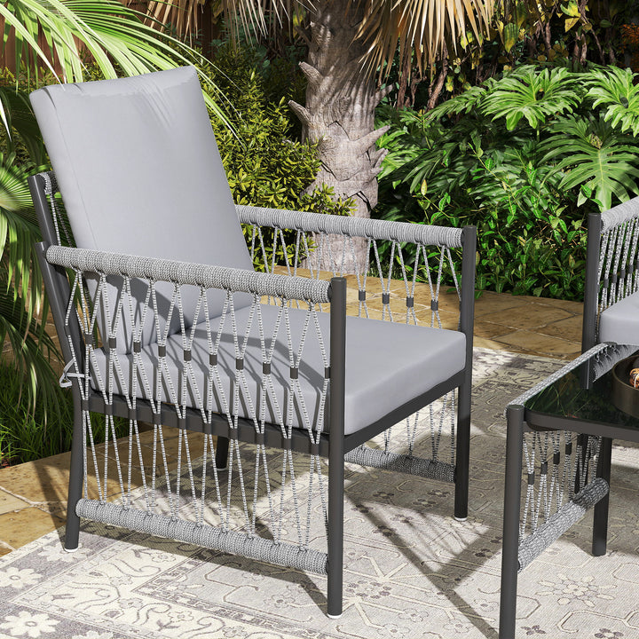 4 Piece Rattan Garden Furniture Set, 4 Seater Wicker Patio Conversation Set with 2 Armchairs, Loveseat, Glass Top Coffee Table and Cushions for Outdoor, Balcony, Grey