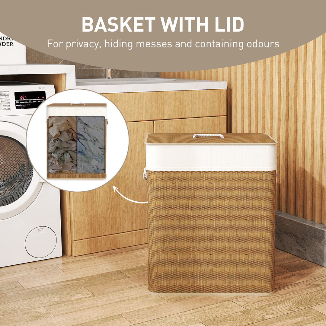 Double Laundry Basket with Lid, 100L Bamboo Laundry Hamper with Rope Handles, Washing Basket with Removable Liner for Bathroom, Bedroom, Brown