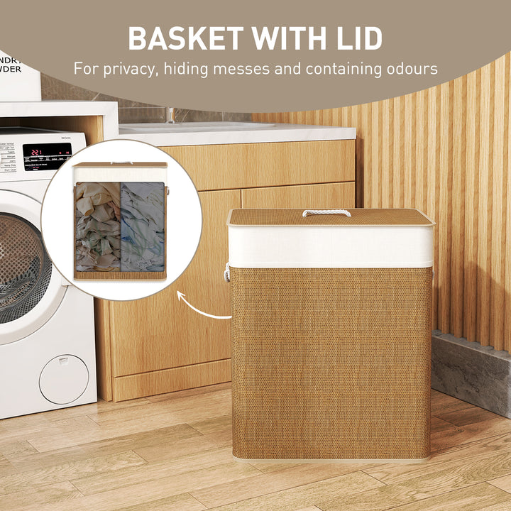 Double Laundry Basket with Lid, 100L Bamboo Laundry Hamper with Rope Handles, Washing Basket with Removable Liner for Bathroom, Bedroom, Brown