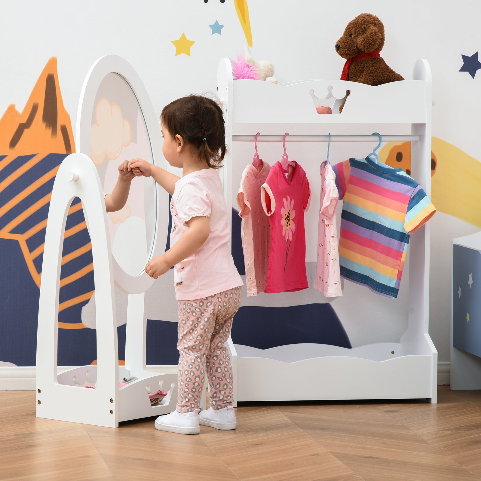 Kids Clothes Rail and Mirror Set 360° Rotation Free Standing Full Length Mirror and Hanging Rack with Storage Shelves Child's Dressing Mirror Garment Wardrobe White