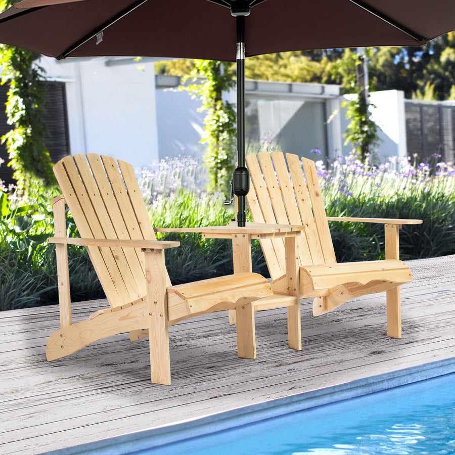 Wooden Outdoor Double Adirondack Chairs Loveseat w/ Centre Table and Umbrella Hole, Garden Patio Furniture for Lounging and Relaxing, Natural