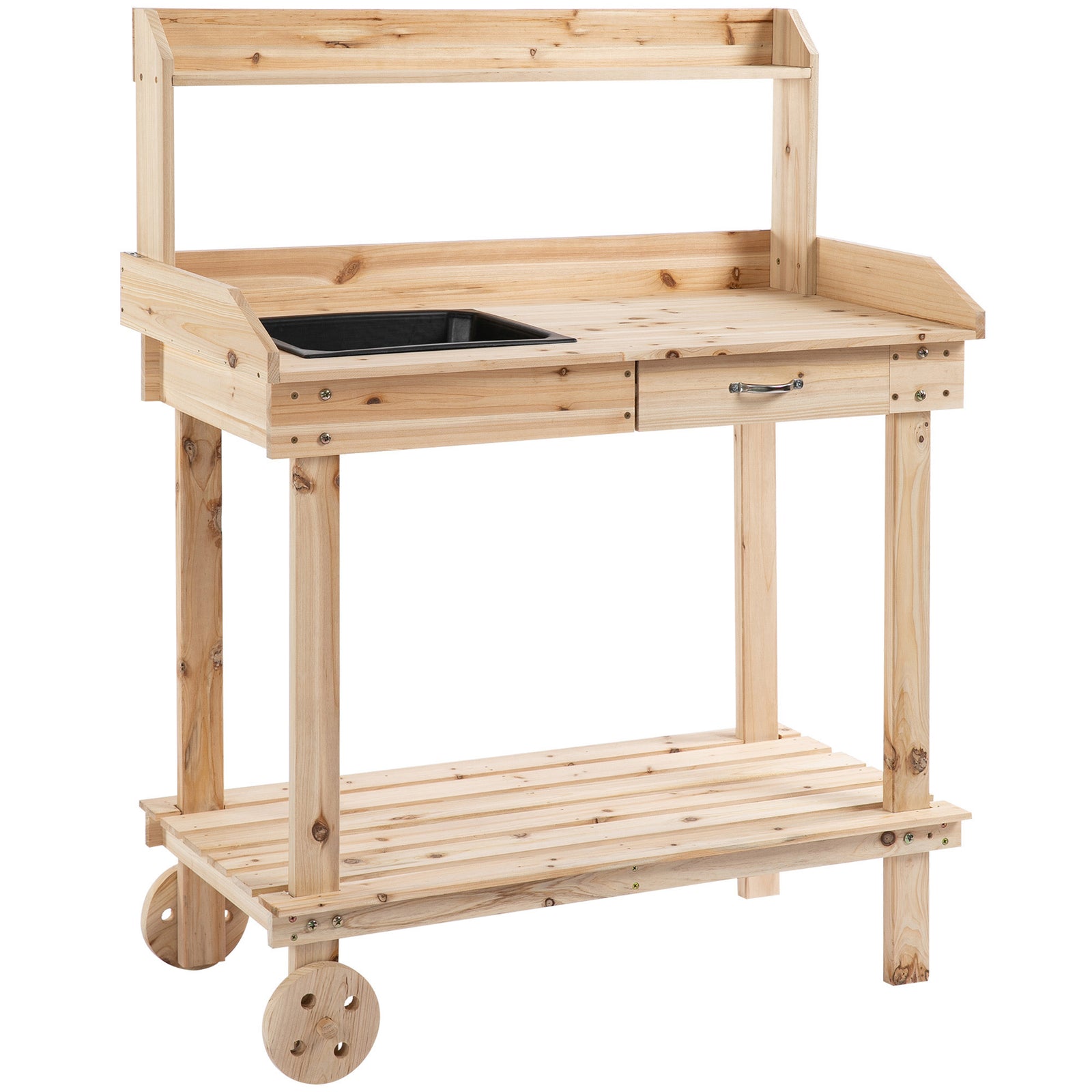Garden Potting Bench Table, Wooden Work Station, Outdoor Planting Workbench with 2 Wheels, Sink, Drawer & Large Storage Spaces, 92x45x119cm