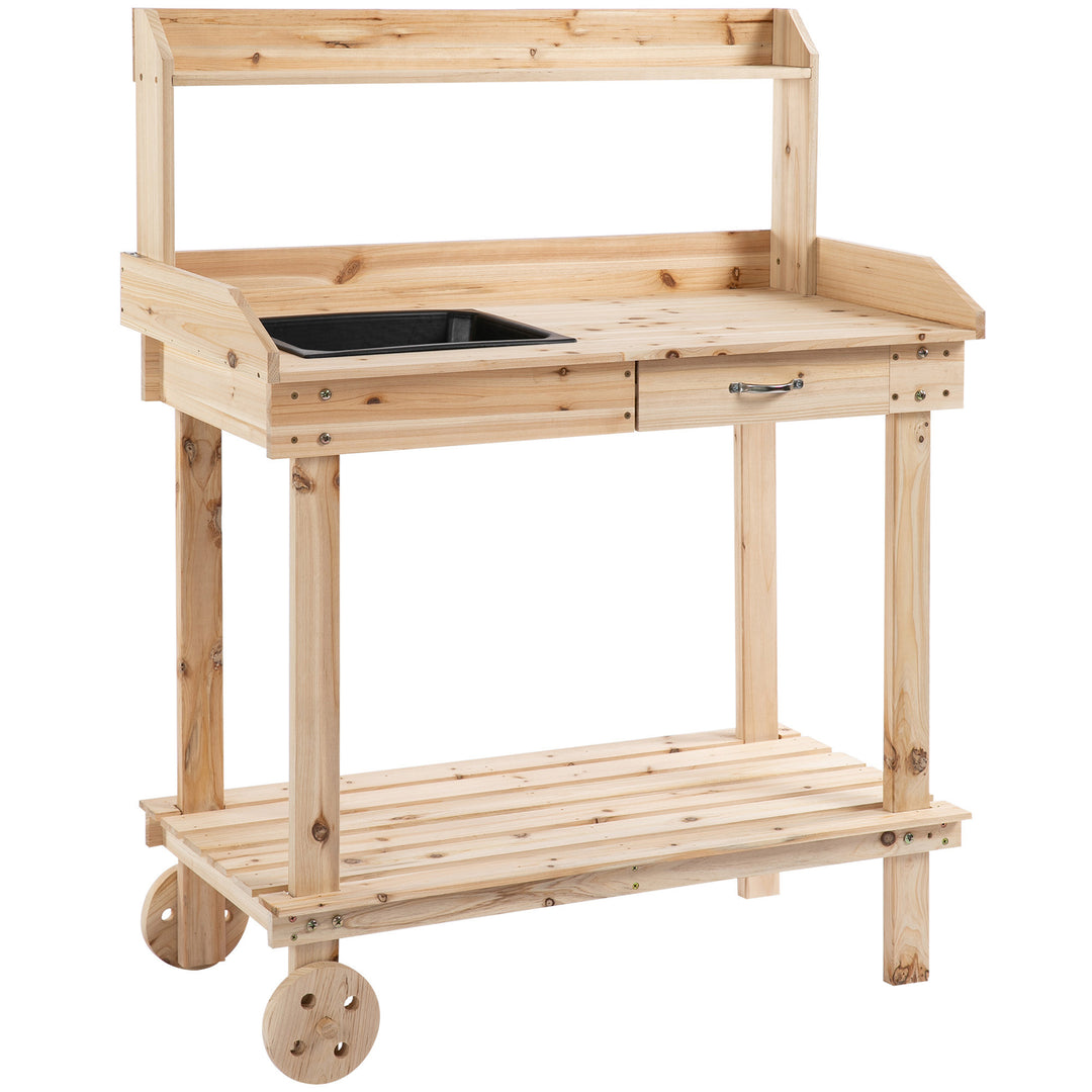 MCL Garden Potting Bench Table, Wooden Work Station, Outdoor Planting Workbench with 2 Wheels, Sink, Drawer & Large Storage Spaces, 92x45x119cm