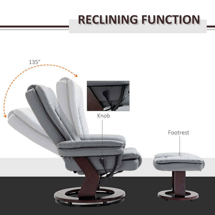 HOMCOM Recliner Chair With footstool, Recliner Armchair up to 130kg Weight Capacity, 135° Reclining Swivel Sofa Chair, PU Leather Ergonomic Couch Bed with Swivel Wood Base for Living Room, Grey