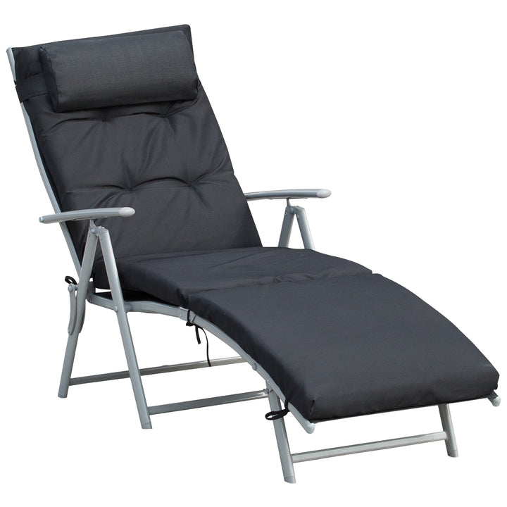 Outsunny Foldable Sun Lounger Garden Texteline Reclining Chair w/ Pillow, Adjustable Back, Thickened Cushion, Black | Aosom UK