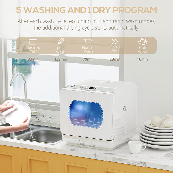 Table Top Dishwasher with Built-in 6L Water Tank, Mini Countertop Dishwasher with 6 Programs, 4 Place Settings, White