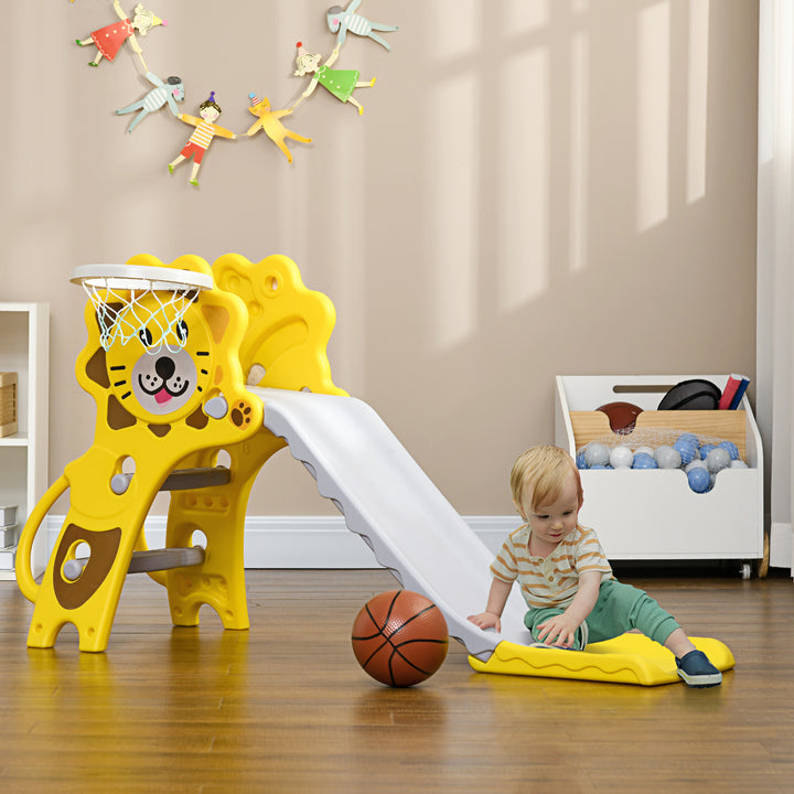 AIYAPLAY Baby Slide with Basketball Hoop, Easy to Assemble Kids Slide for Indoor Use, for Ages 18-36 Months - Yellow | Aosom UK