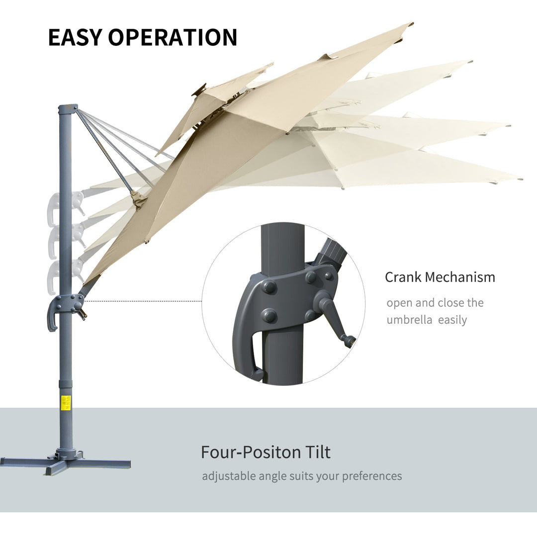 3m Cantilever Parasol w/ Solar Lights Power Bank Base 360° Spin Khaki