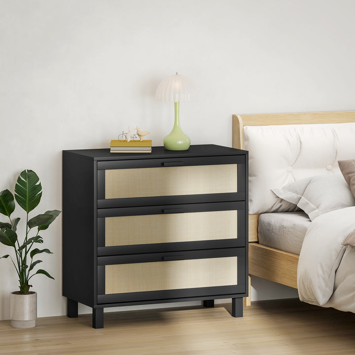 Rattan Bedroom Chest of Drawers, 3 Drawers Storage Unit, Boho Dresser for Living Room, Hallway, Black