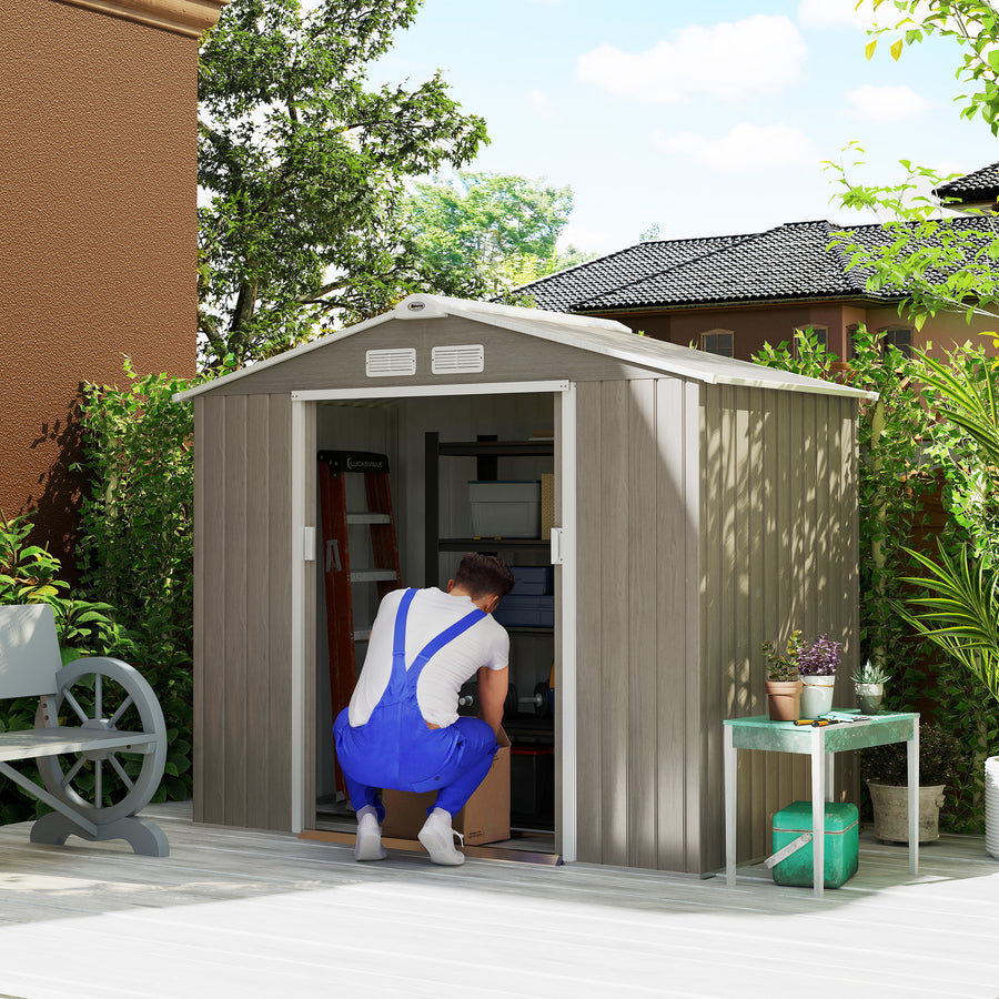 7 x 4ft Metal Garden Storage Shed with Vents, Floor Foundation Kit and Lockable Double Doors, Light Brown