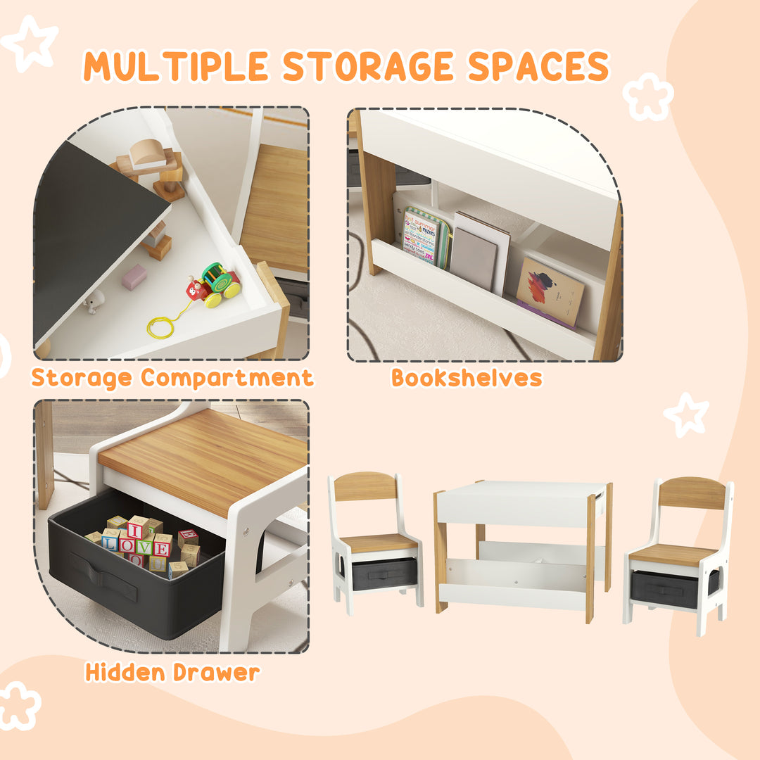 Three-Piece Kids Table and Chair Set with Blackboard, Storage, Bookshelves - Natural Wood