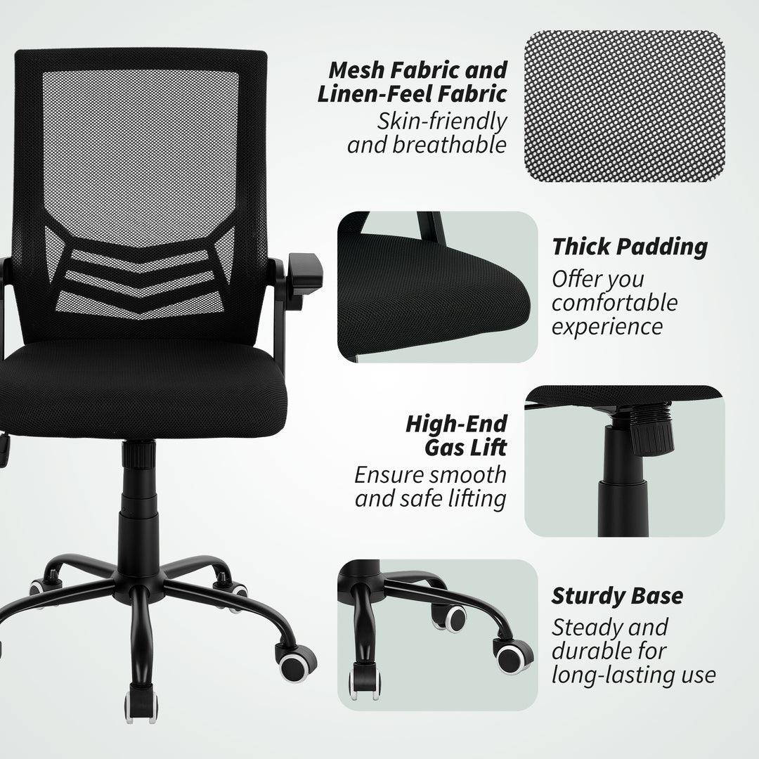 Mesh Office Chair, Computer Desk Chair with Flip-up Armrests, Lumbar Back Support and Swivel Wheels, Black
