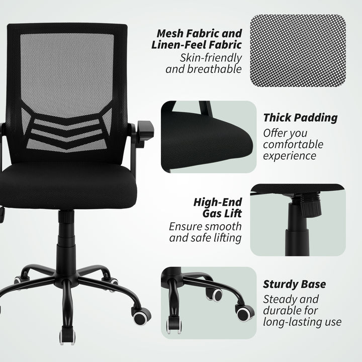 Mesh Office Chair, Computer Desk Chair with Flip-up Armrests, Lumbar Back Support and Swivel Wheels, Black