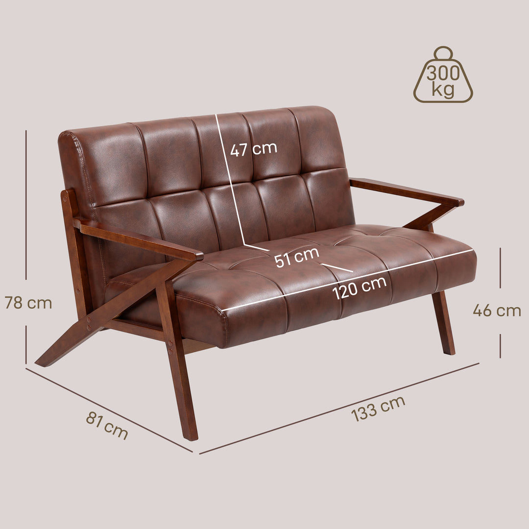Compact 2 Seater Sofa, Vintage Tufted Loveseat Sofa with Solid Wood Legs, PU Leather Small Couch Settee for Living Room, Bedroom, Home Office, 133 x 81 x 785 cm, Brown